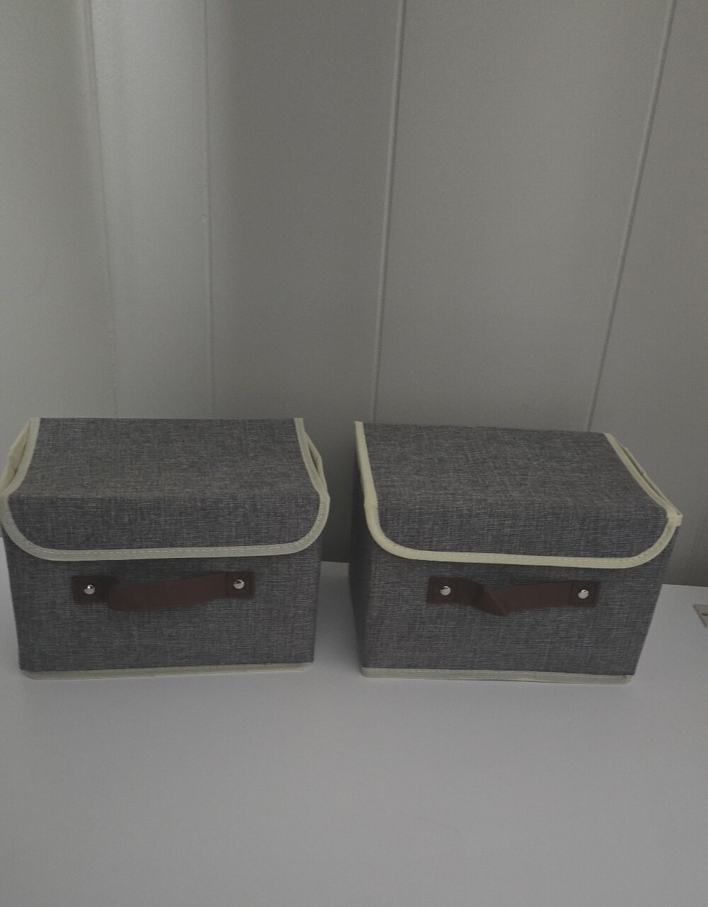 Gray Fabric Storage Bins with Cream Trim and Brown Handles - Set of 2